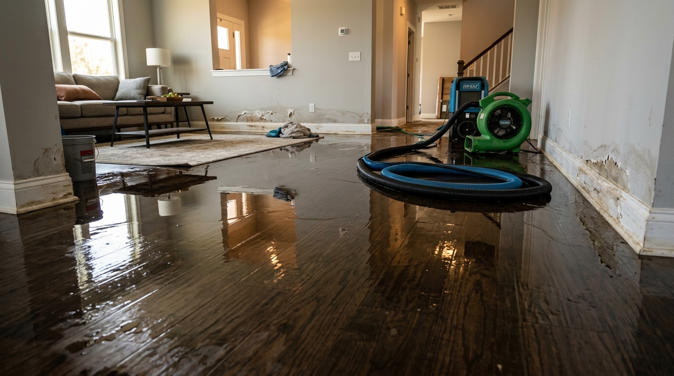Real standing water damage in Nampa home interior with restoration drying equipment